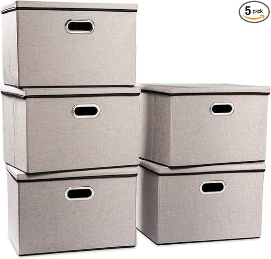 PRANDOM Large Foldable Storage Bins with Lids [5-Pack] linenFabric Decorative Storage Boxes Organizer Containers Baskets Cube(17.7x11.8x11.8) For 6+ Year Old Boys and Girls