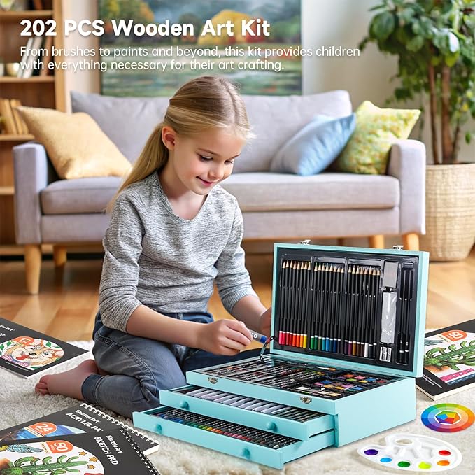 Shuttle Art Deluxe Gift Art Kit, 202-Piece Wooden Art Supplies Set with 4 Drawing Pads, Canvases, Coloring Sheets, Acrylic Paint, Crayons, Oil Pastels, Colored Pencils for Kids