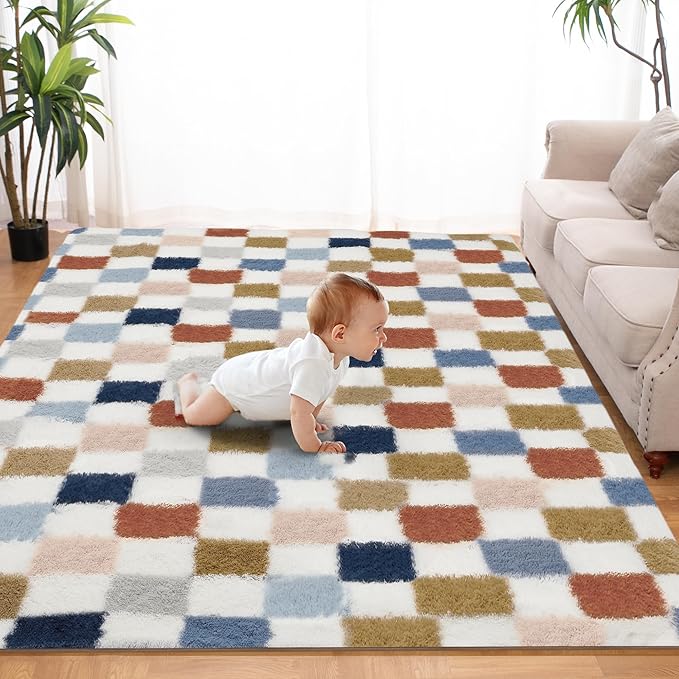 Super Soft Rug for Bedroom, 4x6 Ft Rainbow Area Rug Classic Checkered Shaggy by TOOHUB