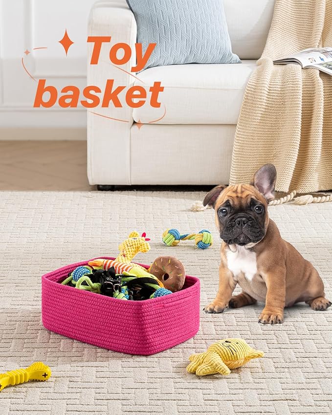 KALLAX Small Woven Basket, 13.5 x 9.5 x 5 Inches, Storage Basket for Organizing, Cute Small Rope Shelf Closet Cube Storage Bins Baskets for Shelves, Dog Toy Gift Baskets Empty, 3 Packs, Hot Pink