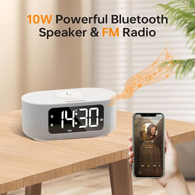 JALL Fabric Alarm Clock for Bedroom, with Big Led Screen Display, Bluetooth Stereo Sound Speaker, FM Radio, Fast Wireless Charging, USB Charging Port, Nightlight, White Noise, Ideal for Gift, Gray