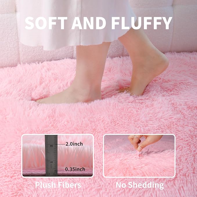 KCHOWUA Pink Fluffy Shag Rug for Bedroom Girls, Modern Soft Cute Shaggy Furry - Image 3