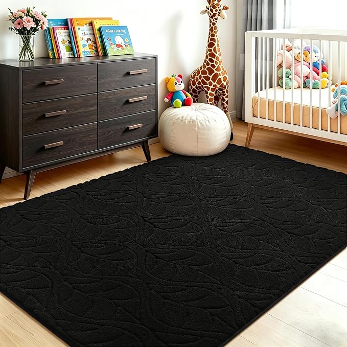5x7 Black Washable Area Rug for Bedroom Living Room, Leaf Geometric Patter Shag - Image 5
