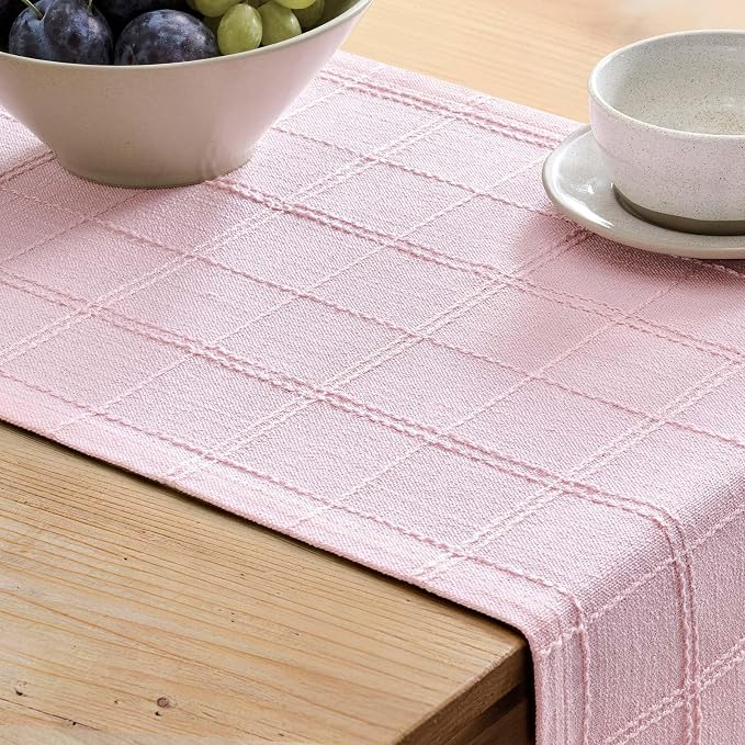 Linen Checked Farmhouse Table Runner, 13x60 Inches Pink | Raised Grid Design - Image 5
