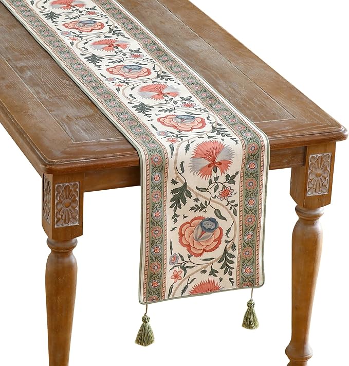 Designer Vintage Linen Long Table Runner, Floral Pattern, Dining Table by Isaennehomedecoration