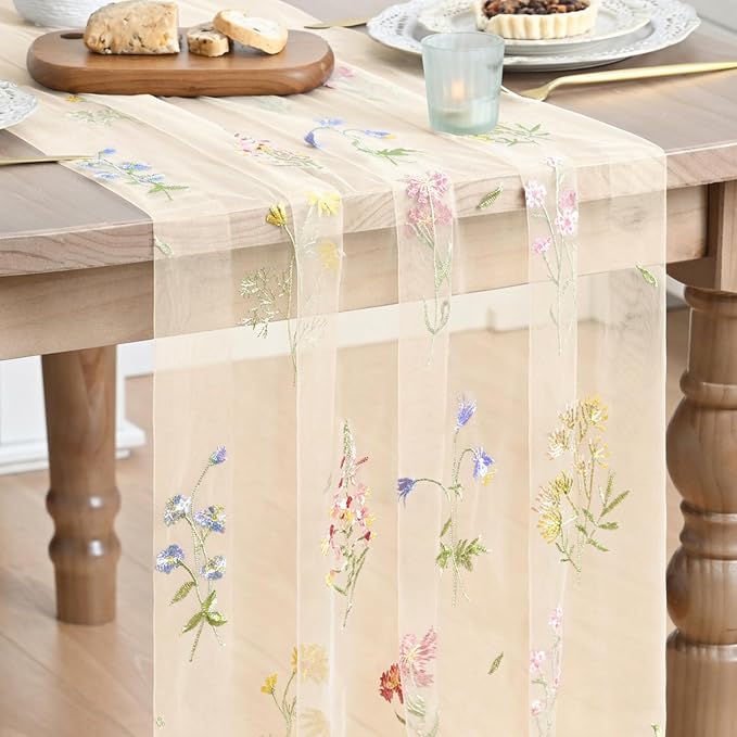 Artoid Mode 3PC Wildflower Floral Beige Apricot Gauze Embroidery Table Runner by ArtoidMode