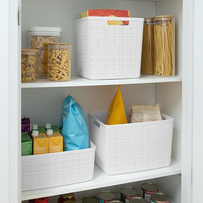 Curver Set of 4 Jute Large Decorative Plastic Organization and Storage Baskets, Perfect Bins for Home Office, Closet Shelves, Kitchen Pantry and All Bedroom Essentials, White