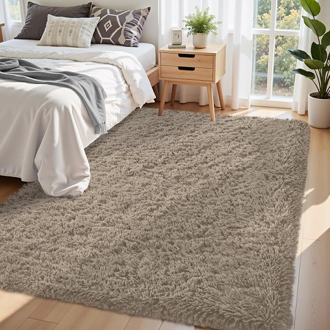 5x8 Area Rug for Living Room:Ultra Soft Fluffy Shag Grey Camel Rugs, Large - Image 2