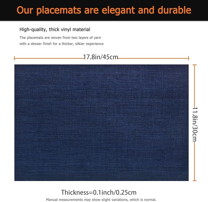 Navy Blue Vinyl Placemats Set of 8, Heat Resistant Table Placemats | 18x12 inch - Image 3