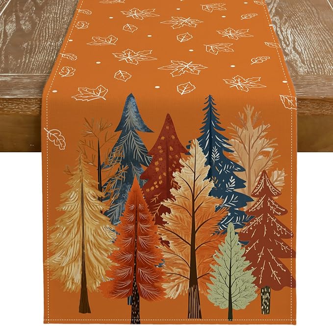 Fall Watercolor Trees & Maple Leaves Table Runner 13x120 Inch, Rustic Farmhouse by GEEORY