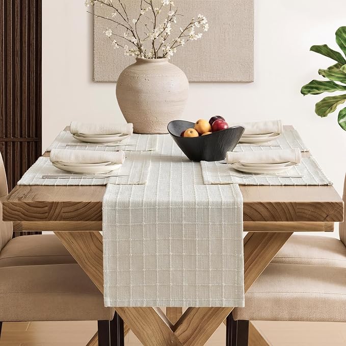 Artisanal Grid Linen Table Runner, 13x72 Inches Ivory | Heavy Textured - Image 4