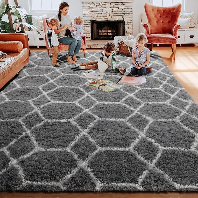 ONASAR 5x7 Area Rugs for Living Room Bedroom, Fluffy Grey and White Faux Fur - Image 6