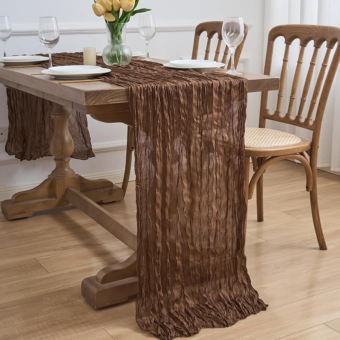 Asee'm 2pcs Brown Coffee Cheesecloth Table Runner 10FT Boho Rustic Fall | Sheer - Image 7