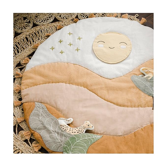 Crane Baby Activity Mat with Interactive Toys, Safari Zoo Themed Tummy Time Floor Mat, 36x36 Quilted Cotton Playmat, Infant Development Toys, Playmats for Newborn
