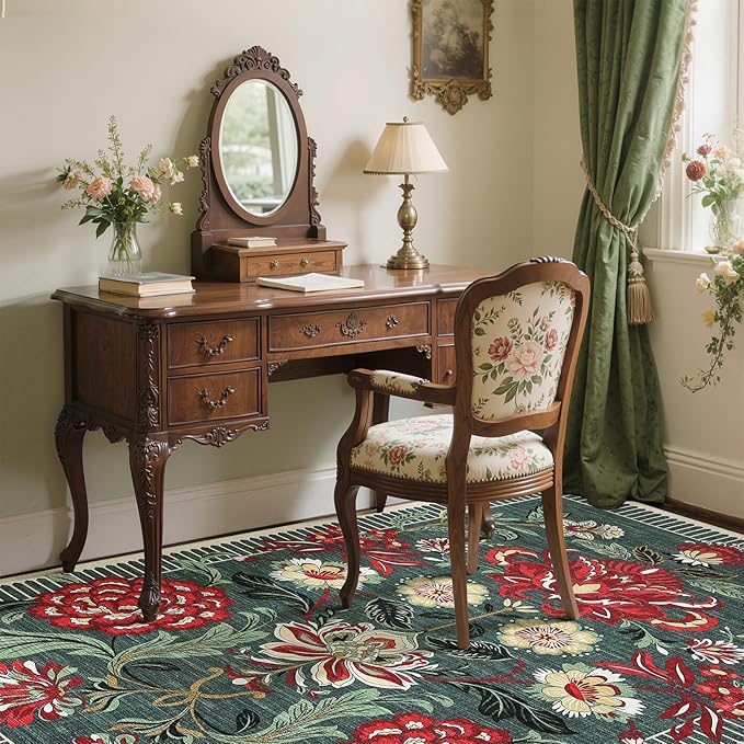 GarveeHome Floral Botanical Washable Rugs 5x7 Area Rug for Living Room, Grey Green Vintage Boho Cottage Throw Rugs Low Pile Carpet for Bedroom Dining Nursery Rug