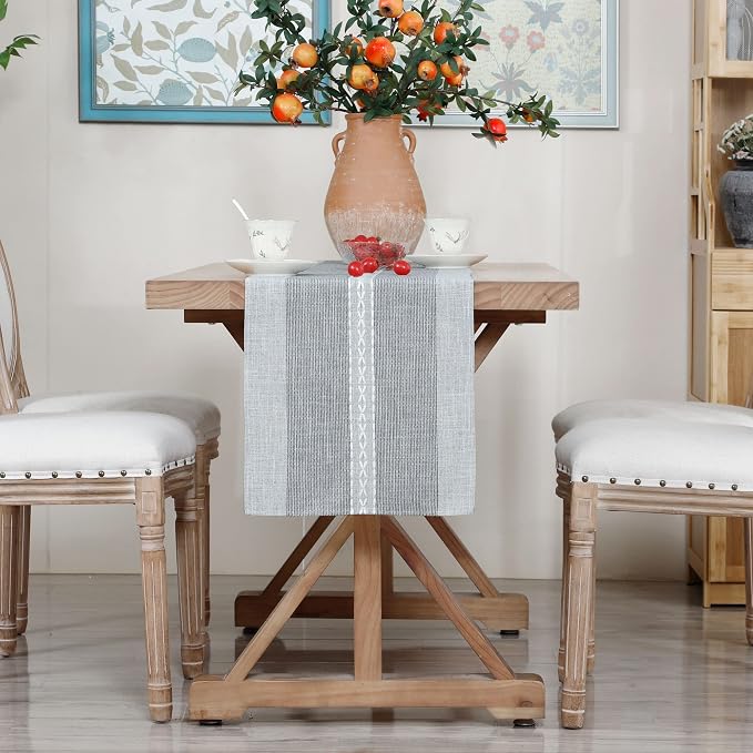 NEWISHER Farmhouse Braided Striped Embroidery Table Runner 108 inches Grey | - Image 7