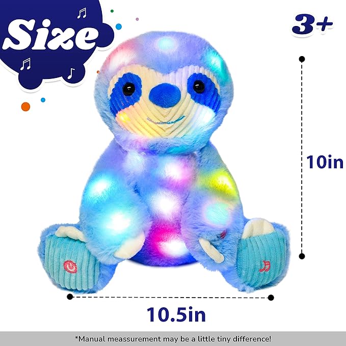 Cuteoy Light-up Plush Blue Sloth LED Stuffed Animal Birthday Christmas Plushies Toy Gifts for Kids Toddler Girls, 10.5"