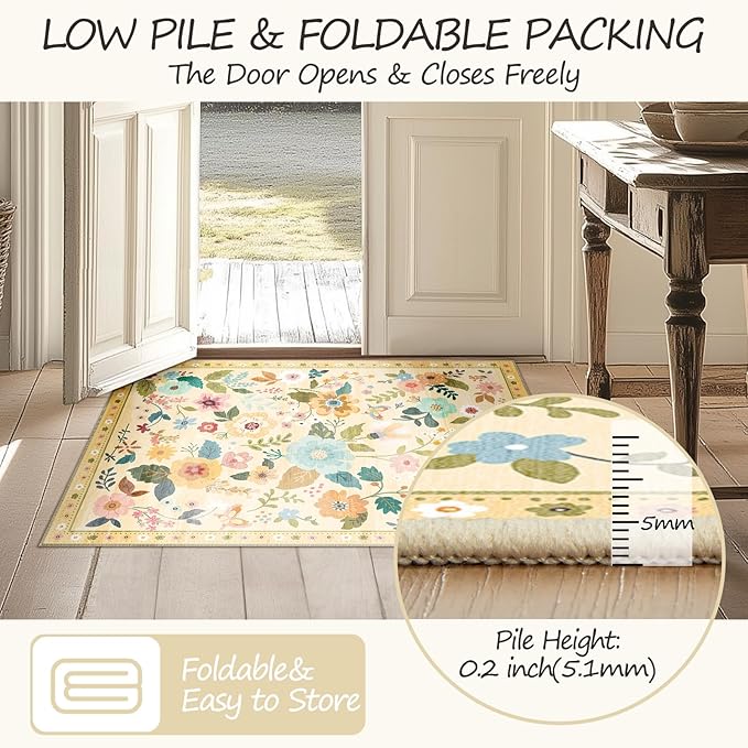 Floral 8ft Area Rug Machine Washable Soft Print Boho Carpet Non Slip Doormat Low Pile Flower Area Rugs for Living Room Bedroom Nursery Kitchen Dining Room Indoor-Ivory/Yellow