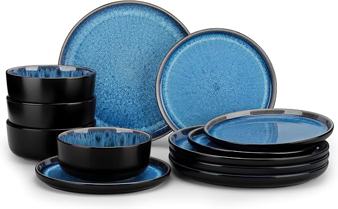 vancasso PLAYA Plates and Bowls Sets, 12 Pieces Blue Dinnerware Sets by vancasso