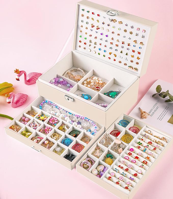 Earrings Jewelry Box for Girls, 5 Layers Jewelry Organizer with Earring Holder Organizer for Girls Earring Organizer Jewelry Boxes for Women Earrings and Necklaces Jewelry Box Organizer Beige