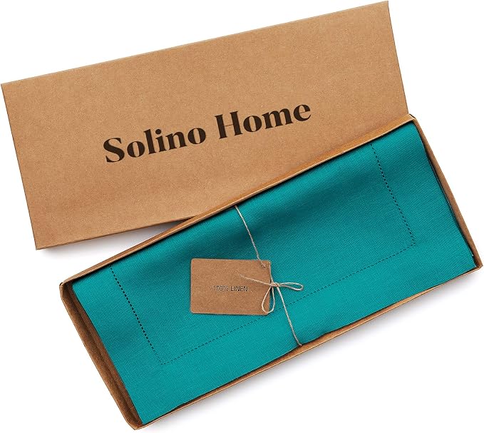 Solino Home 100% Pure Linen Dining Table Runner Teal Hemstitch, 14 x 144 in | - Image 5