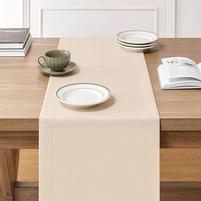 Linen Textured Border Table Runner, 14 x 60 Inch Cream | Mitered Corner Design - Image 3