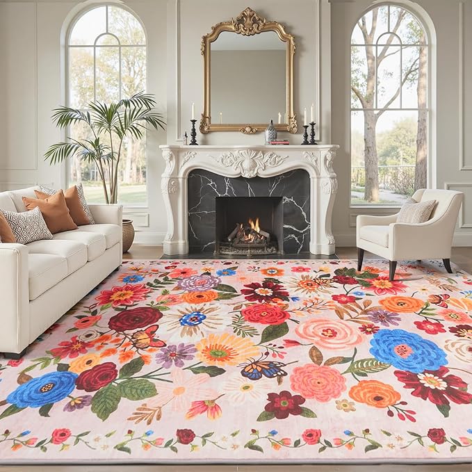 Blush Floral Washable 6x9 Area Rug, Soft Bedroom Rug - Image 2