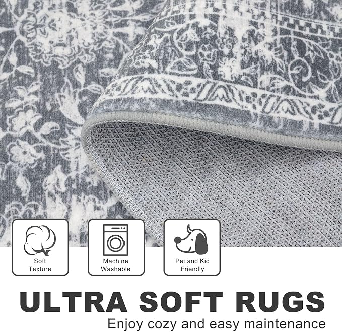 KILOCOCO Area Rug 6x9 Living Room Rug Washable Printed Vintage Floral Non Slip - Image 3