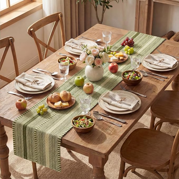 Artoid Mode Army Green Farmhouse Stripe Braided Table Runner 12x72 Inch | - Image 5