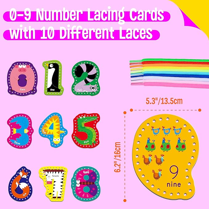 10 Pieces Number Lacing Cards, 0-9 Double Sided Sewing Cards with 10 Colorful Laces, Imagination Development Lacing Toys Games for Children Educational and Learning Activity