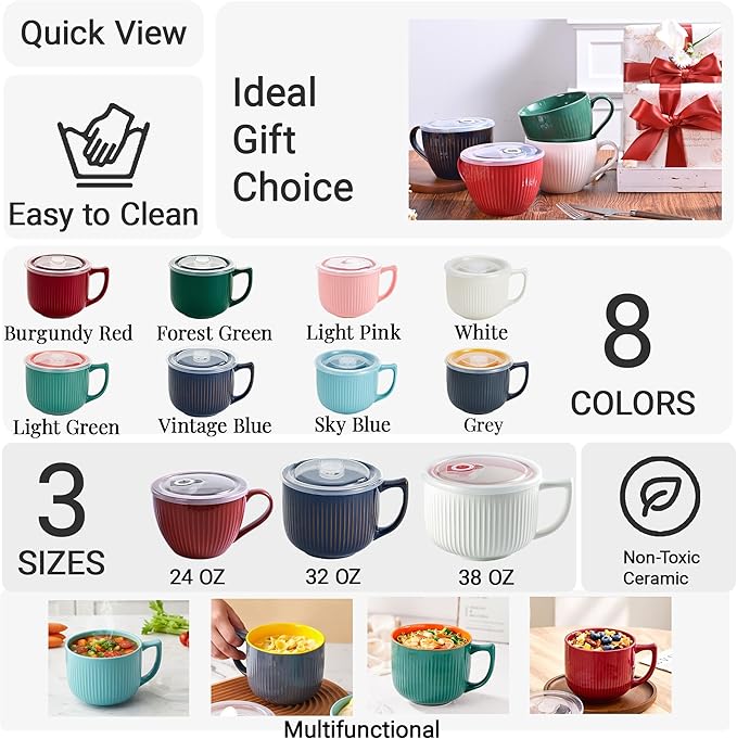 Ceramic Soup Bowl with Handle & Lid, Large 32oz Microwave Ramen Bowl Green | - Image 3