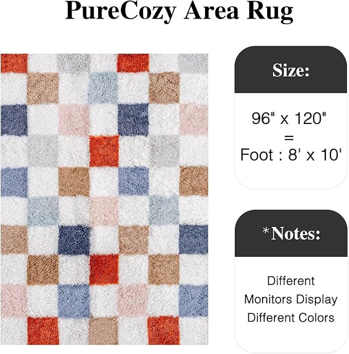 PureCozy Checkered Rug 8x10 for Living Room, Modern Rainbow Shag Rug Washable - Image 3