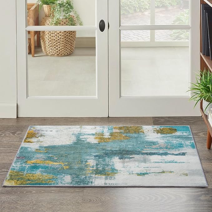 Entryway Rug 2x3 Blue Rug, Washable Abstract Small Rugs Non-Slip Low Pile Throw Rugs for Kitchen Floor, Front Door, Bedroom Bedside