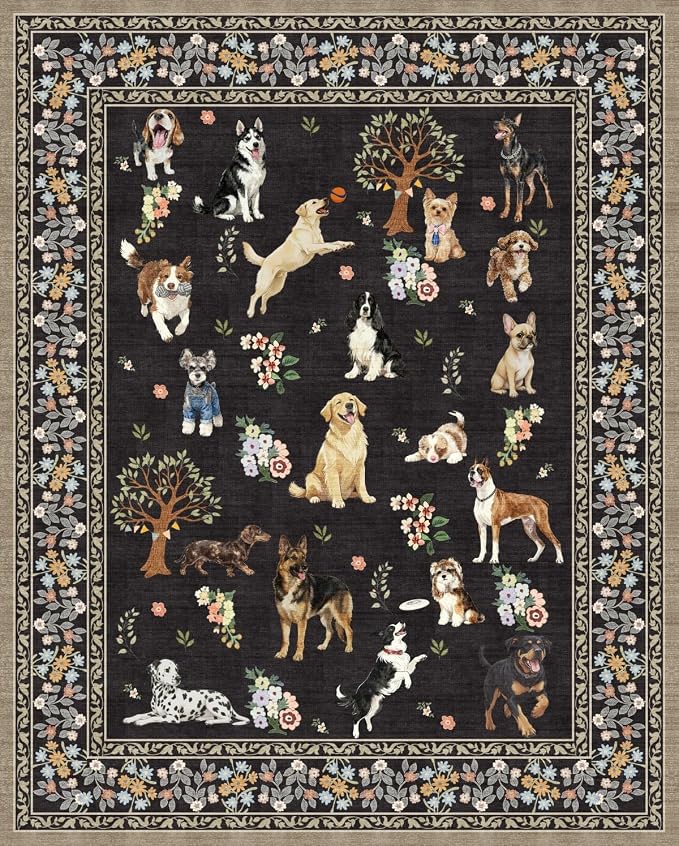 Black Dogs Area Rugs 9x12 Living Room Washable Rug Non Slip Floral Low Pile by WelcometoBabovid
