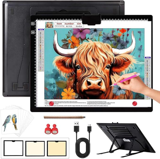 Rechargeable A3(16.73"x13.5") Light Pad for Diamond Painting,Tracing Light Box with Stand/Clip/Magnet,3 Colors and 6 Levels of Brightness Light Board for Artists,Drawing,Sketching,Animation,Tracing