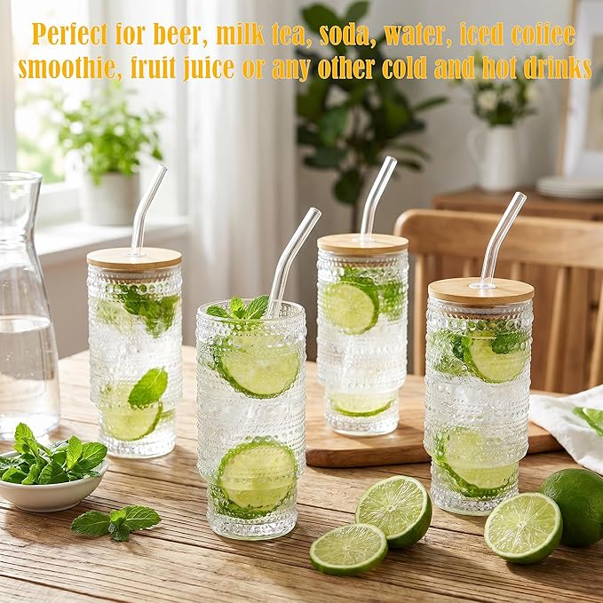 Glass Cups with Lids and Straws 16 oz Sunflower Drinking Glasses Set | Embossed - Image 6