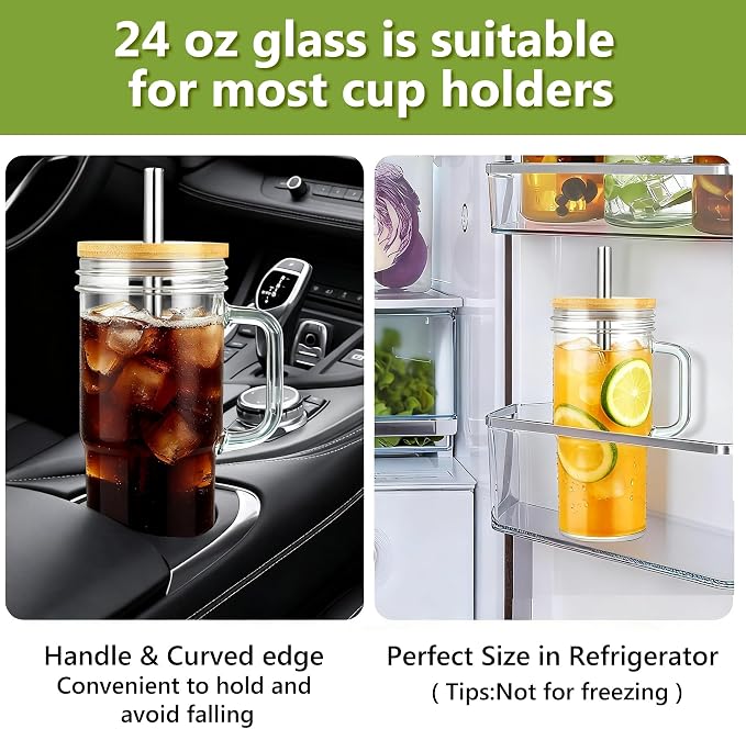 Birity 24oz Glass Cups with Lids and Straws, Glass Tumbler with Handle - Image 4
