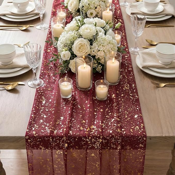 Artoid Mode 10Pcs Burgundy Gauze Gold Table Runner 10FT, Glitter Metallic Foil - Image 4
