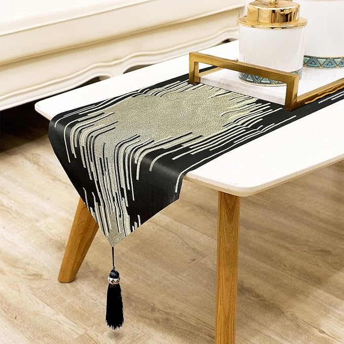 Luxury Modern Black Table Runner, Abstract Geometric, Fancy Tassels | Table by Jiino