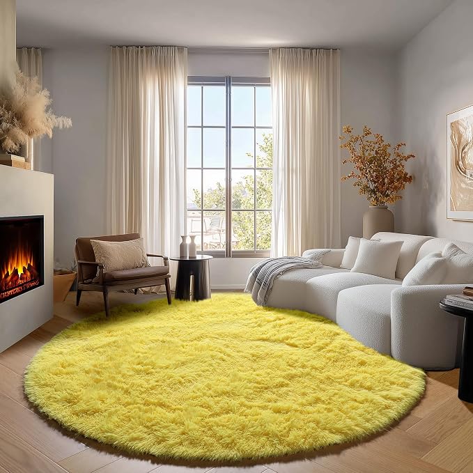 ONASAR Yellow Round Rugs 5ft for Bedroom Living Room, Fluffy Circle Area Rug - Image 3