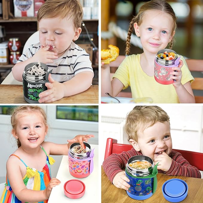 10oz Soup Thermo for Hot Food Kids,Lunch Thermo Kids Food Jar with Spoon Hot Insulated Food Containers,Leak Proof Stainless Steel Wide Mouth Lunch Food Thermo Jar for School(Pink-Rainbow)