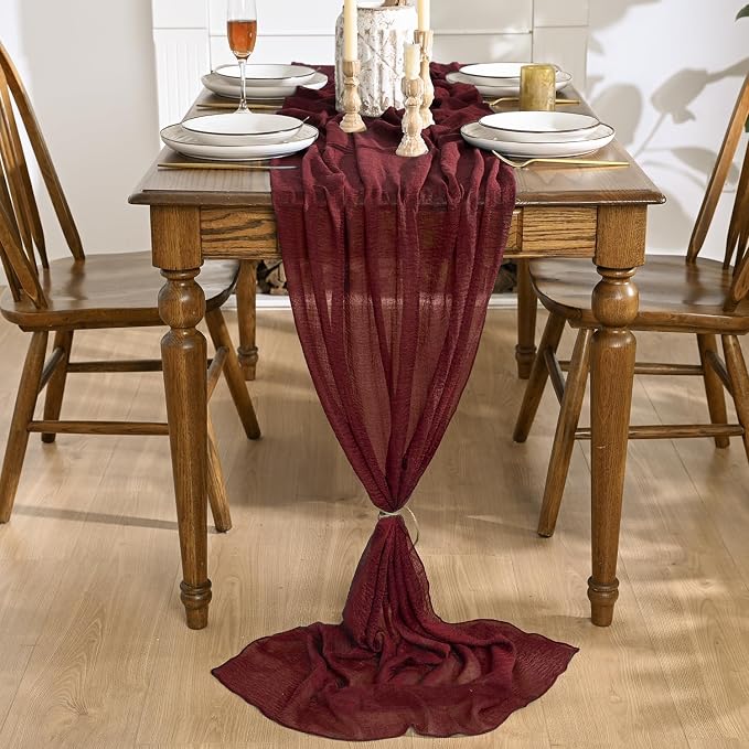 Artoid Mode Boho Cheesecloth Gauze Burgundy Wedding Table Runner, 120 Inch - Image 2