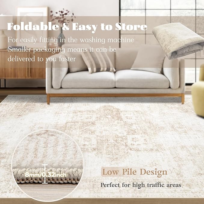 Area Rug 9x12 Washable Rug, Vintage Boho Medallion Rugs Non-Slip Soft Low Pile - Image 7