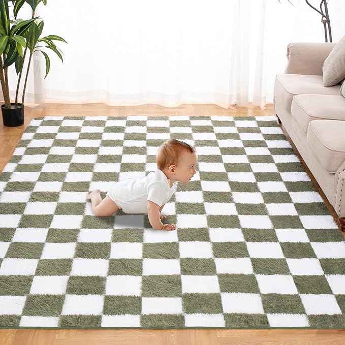 Super Soft Rug for Bedroom, 8x10 Ft Green and White Area Rug Classic Checkered - Image 2