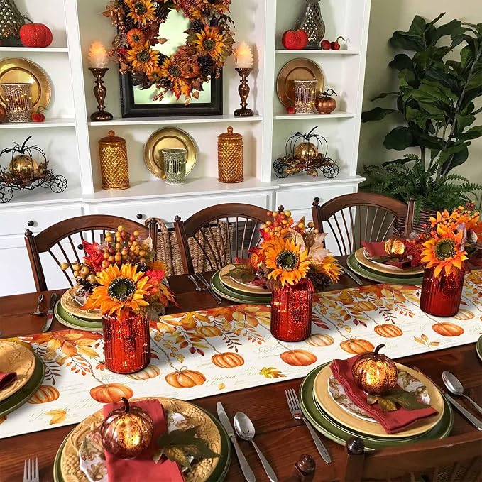 Orange Pumpkin Fall Table Runner 70 Inches Long, Thanksgiving Maple Eucalyptus - Image 6