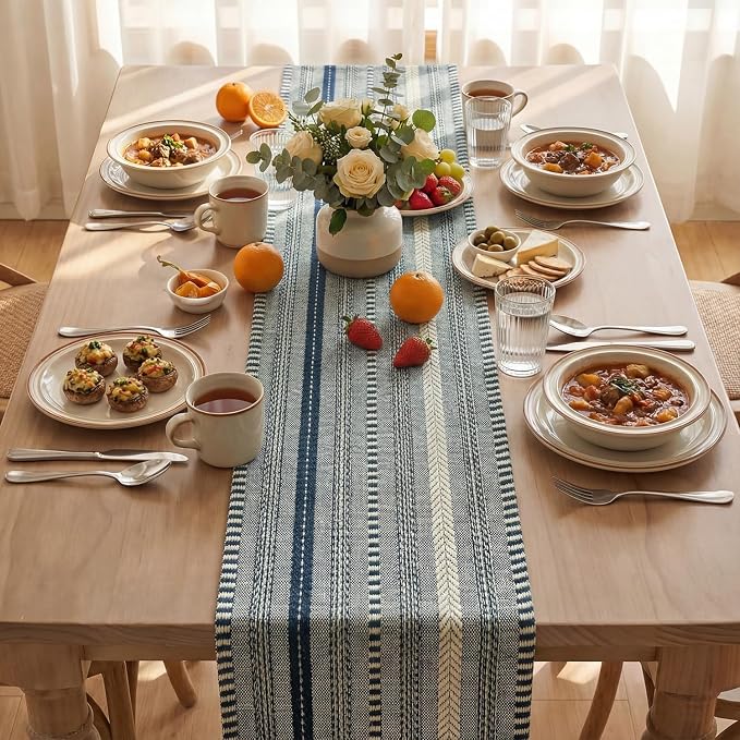 Artoid Mode Dark Blue Farmhouse Stripe Braided Table Runner 12x36 Inch | - Image 3