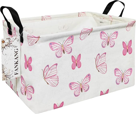 FANKANG Storage Bins, Nursery Hamper Canvas Laundry Basket Foldable with Waterproof PE Coating Large Storage Baskets for Kids Boys and Girls, Office, Bedroom, Clothes,Toys(Rec-pink butterfly