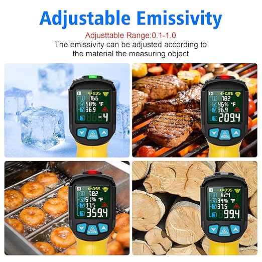 MESTEK Infrared Thermometer Laser Temperature Gun, -58°F to 1472°F (-50~800°C), Non-Contact Digital IR Thermometer Temp Gun Gun with Color LCD for Cooking Pizza Oven, Adjustable Emissivity