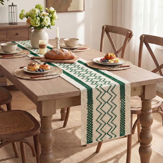 Artoid Mode Forest Green Stripe Diamond Woven Table Runner 12x60 Inch | Holiday - Image 5