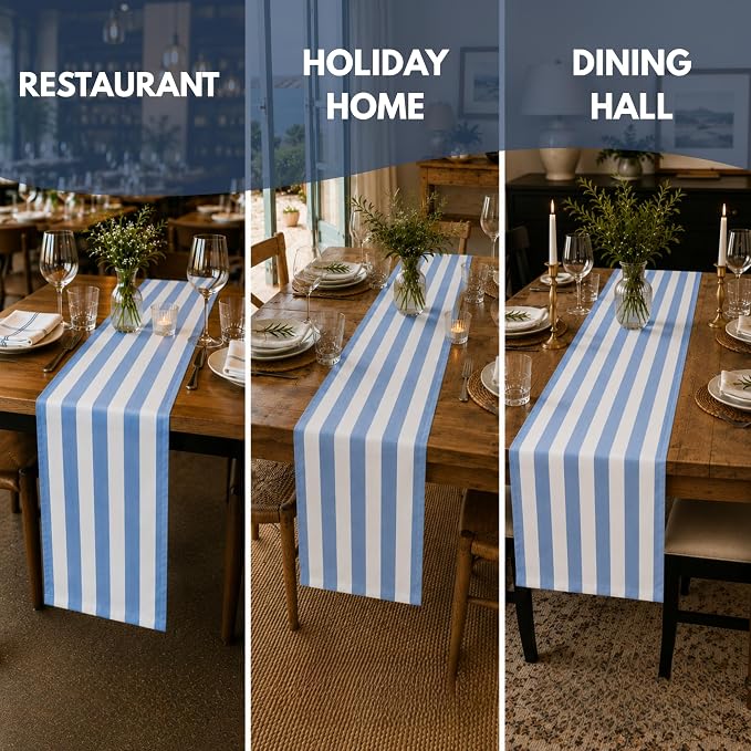 Folkulture Table Runner 72 Inches Long Blue & White Striped Cotton Coastal - Image 5